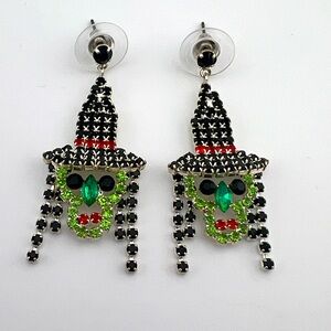 Prong Set Rhinestone Witch Dangle Earrings Green and Black